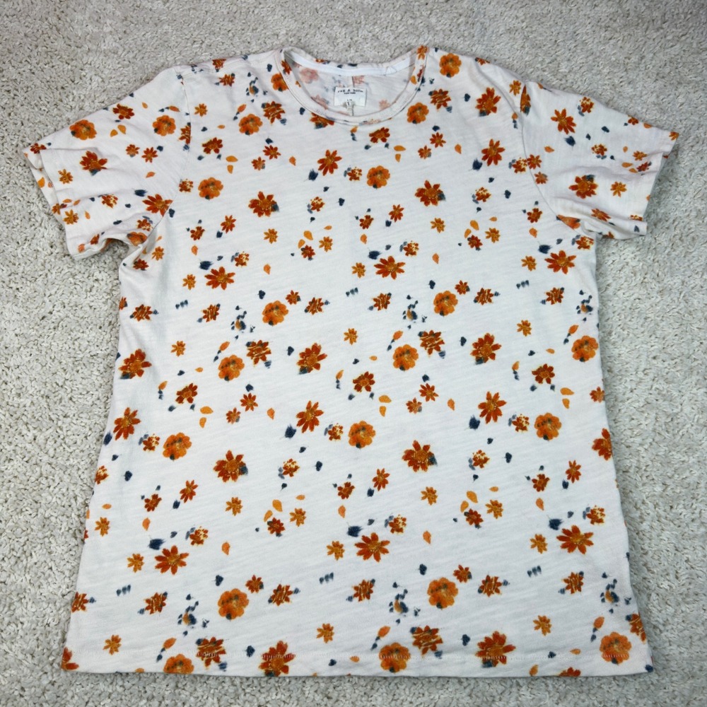 Rag & Bone Floral T-Shirt Womens Large White Orange Cotton Short Sleeve Tee